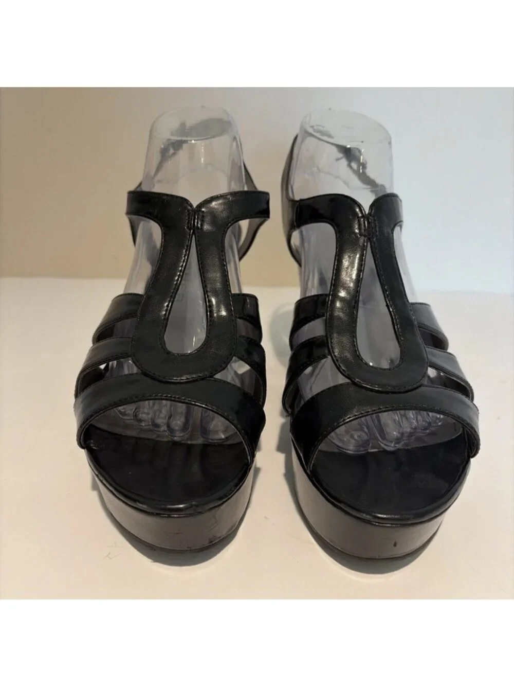 Y2K Chunky Wedged Platform Sandals Size 10 Black Strappy Wedge Disco Grunge Alt